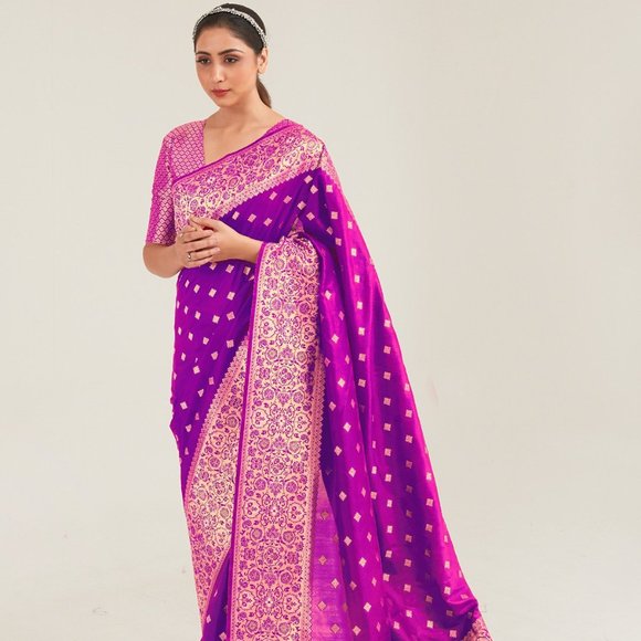 JHEAPS VIOLET PREMIUM FLORAL DESIGNER SILK SAREE - Picture 1 of 6